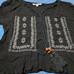 Chic Black Embroidered Blouse with Tassels
